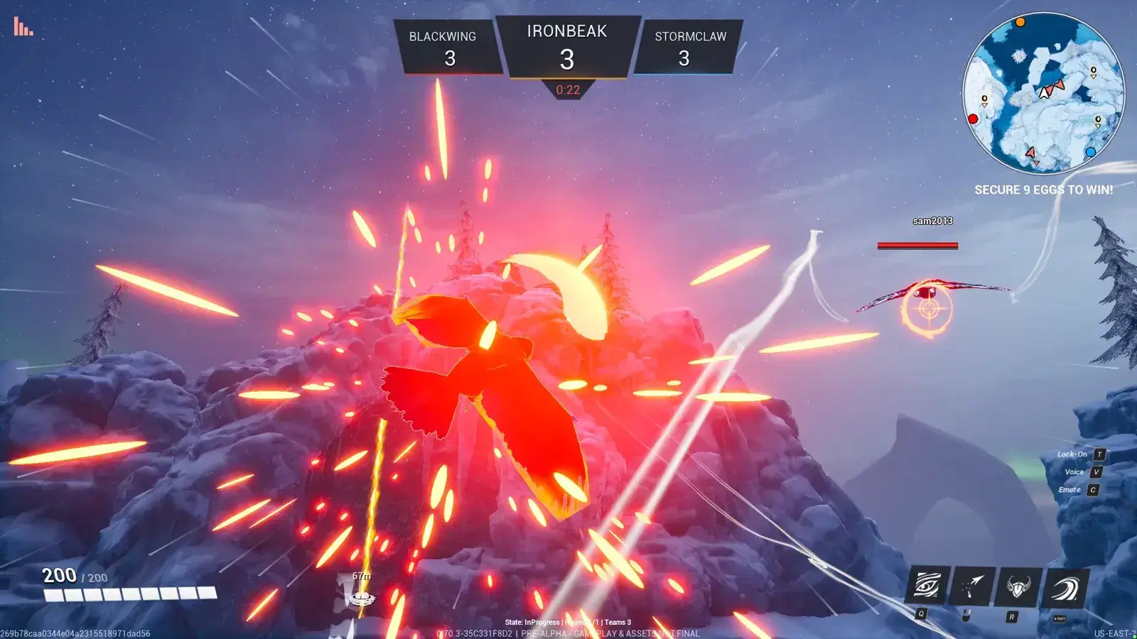 A bird caught in a bright red ability blast during an aerial fight over the Arctic map