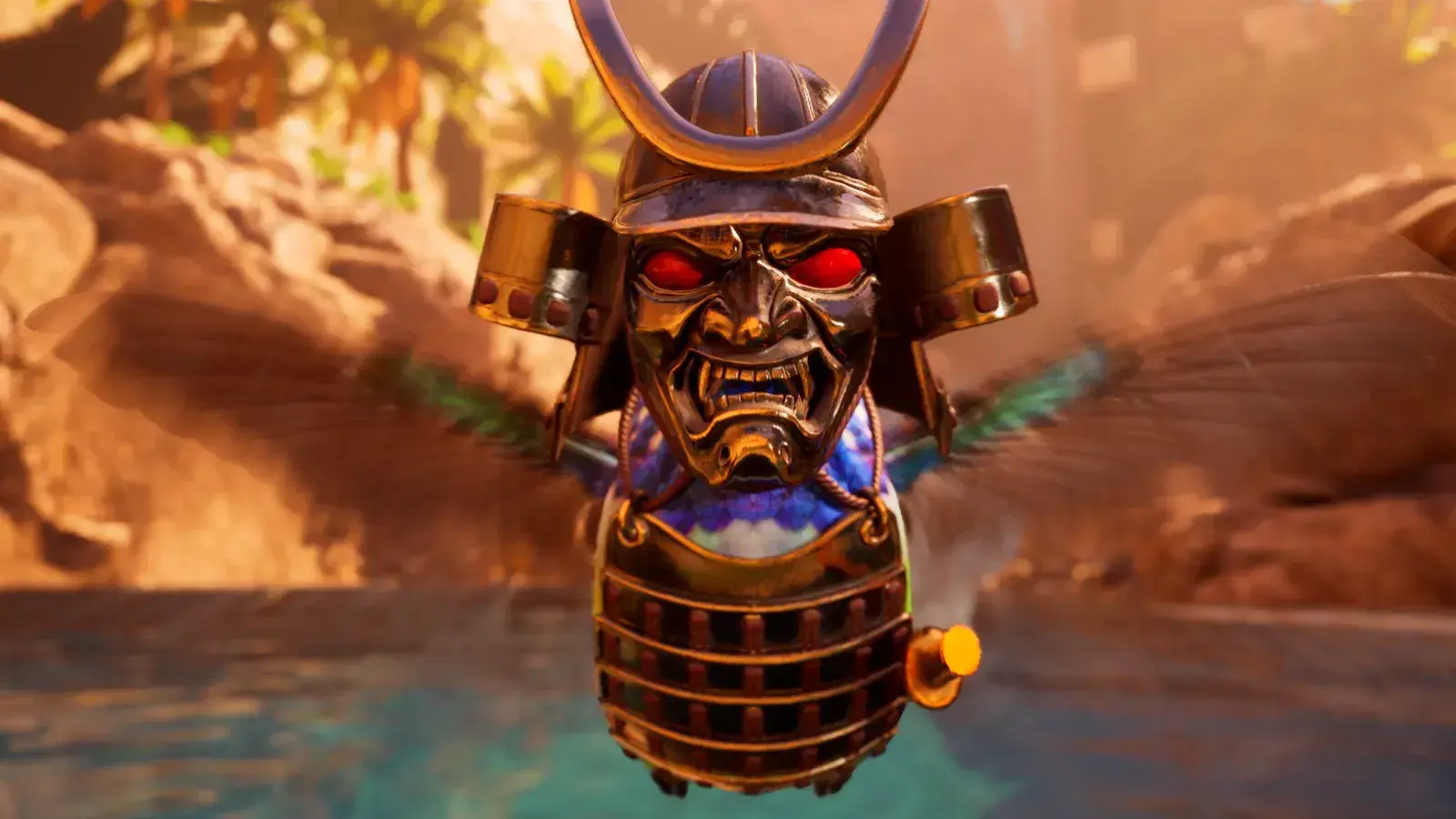 A bird wearing an ornate samurai mask and helmet in warm sunlight