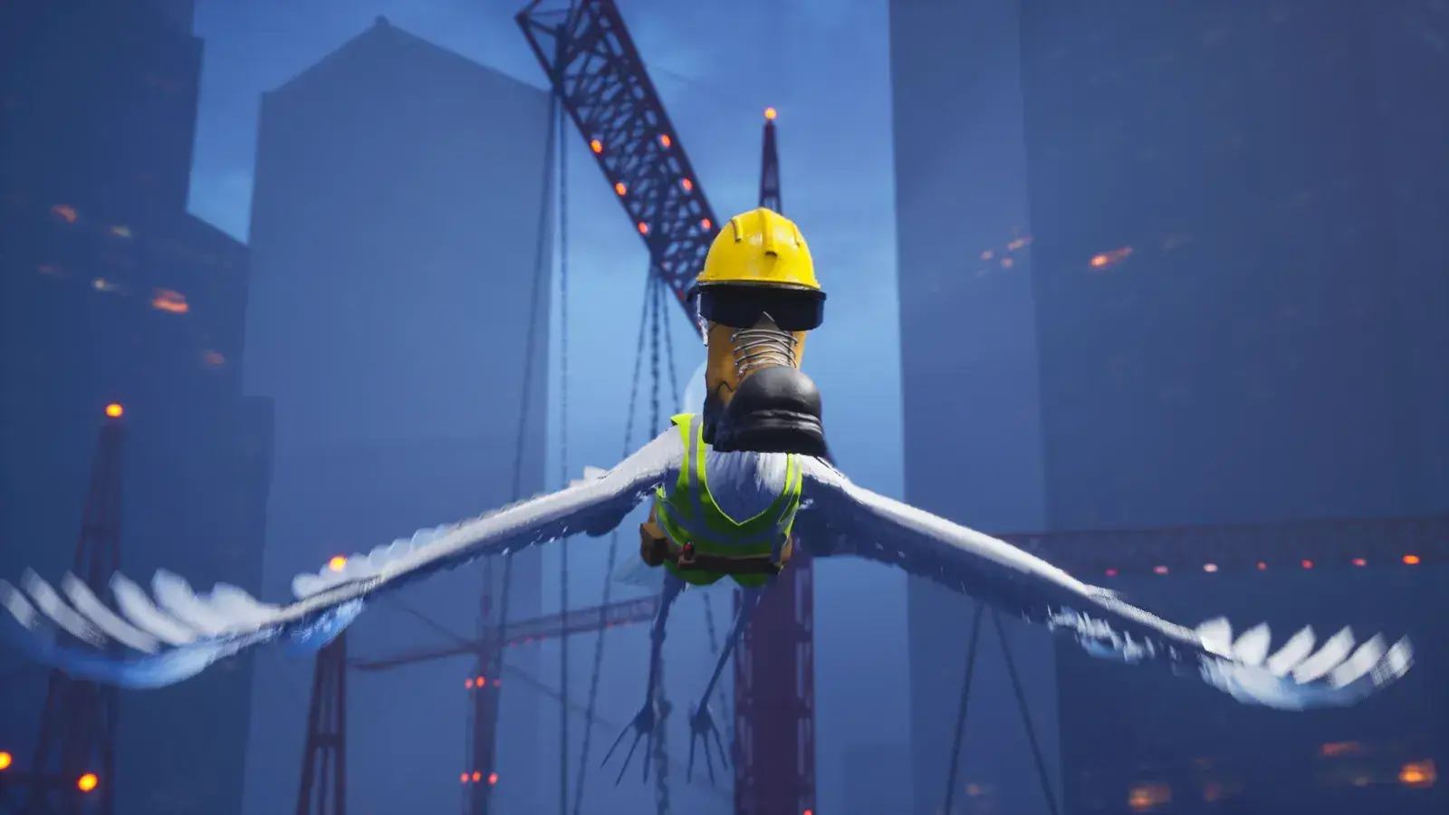 A seagull wearing a work boot, hard hat and hi-vis vest over a construction site