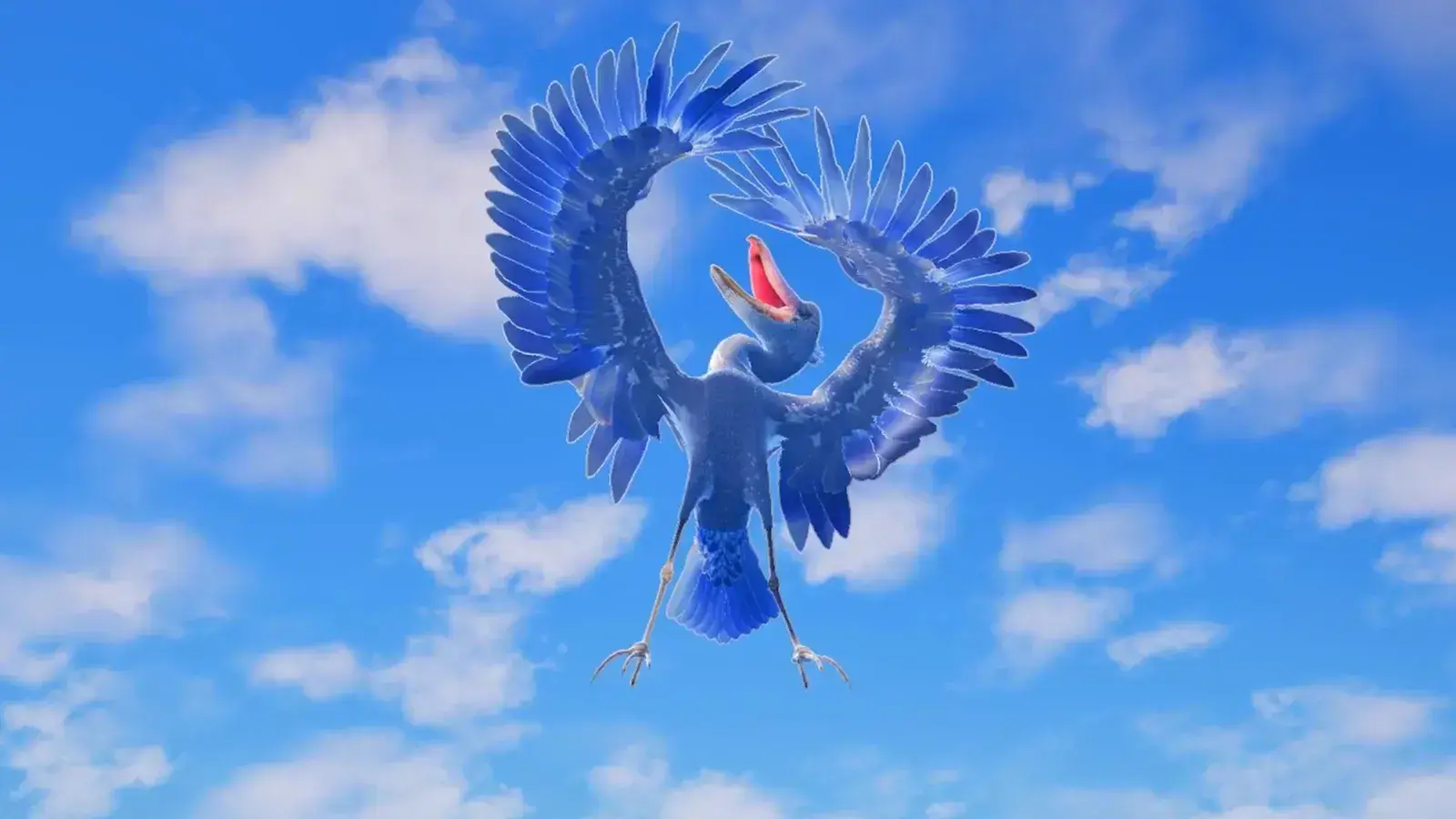 A shoebill flying toward the camera with its wings spread against a bright blue sky