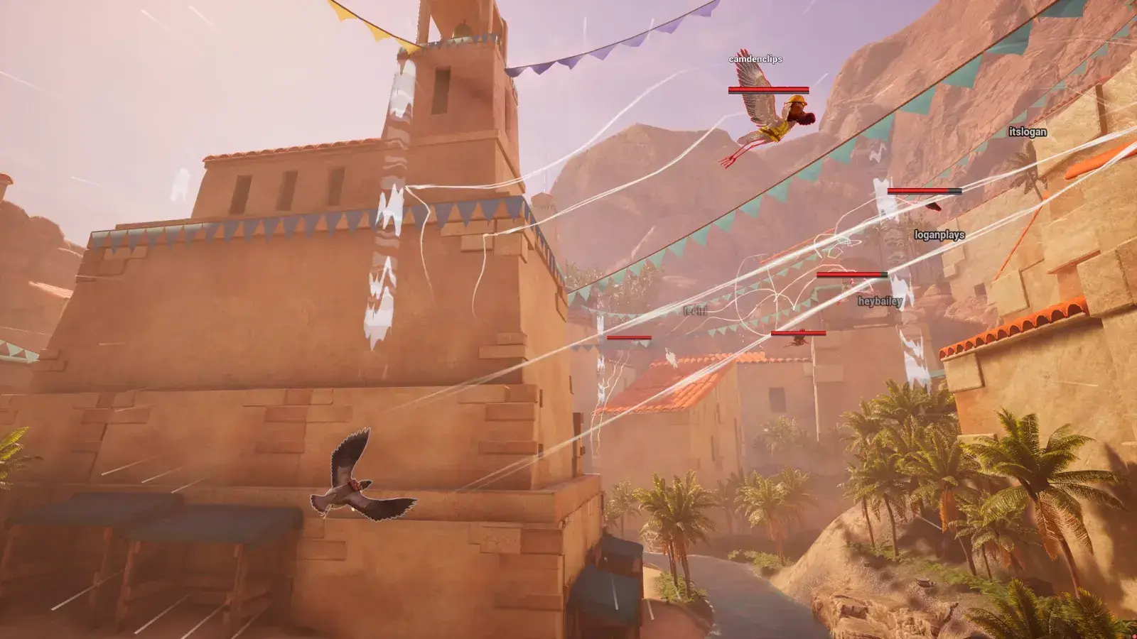 Several birds fighting through a sunlit desert village with attacks crossing the rooftops