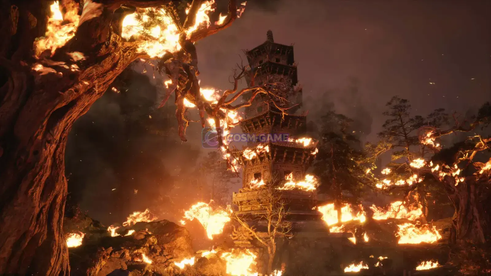 A tall pagoda and surrounding trees burn beneath a smoke-filled orange sky.