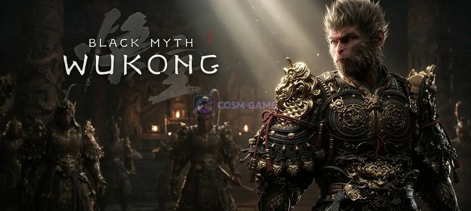 Black Myth: Wukong logo beside an armored monkey warrior against a painted mural.