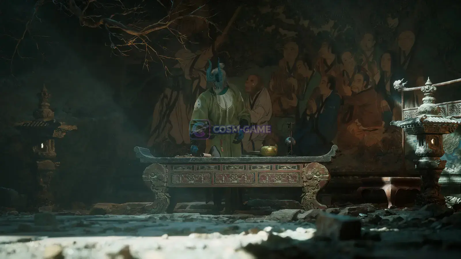 A masked figure stands behind an ornate altar inside a dim chamber with a painted wall.