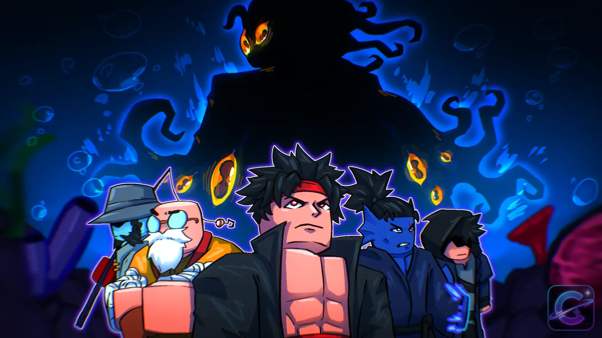 Four Blox Fruits characters stand together beneath the glowing eyes of a huge shadowy sea creature.