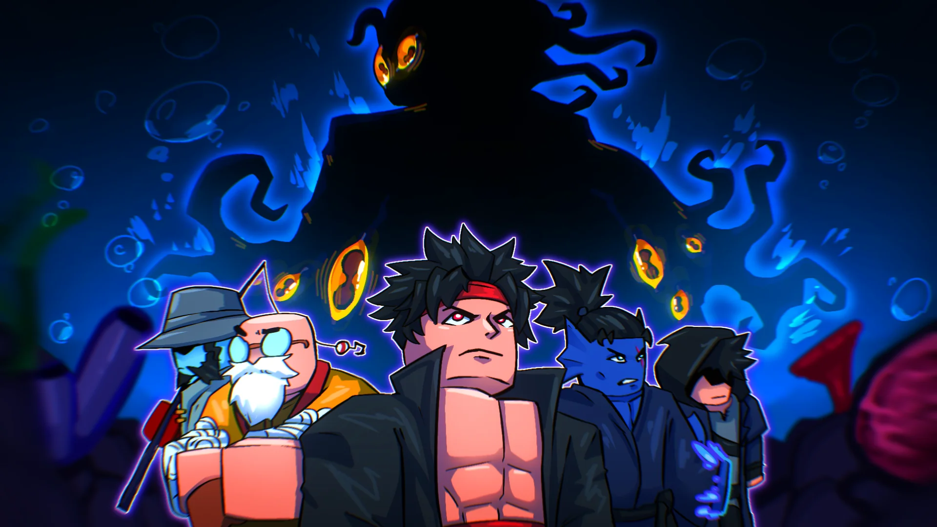 Four Blox Fruits characters stand together beneath the glowing eyes of a huge shadowy sea creature.