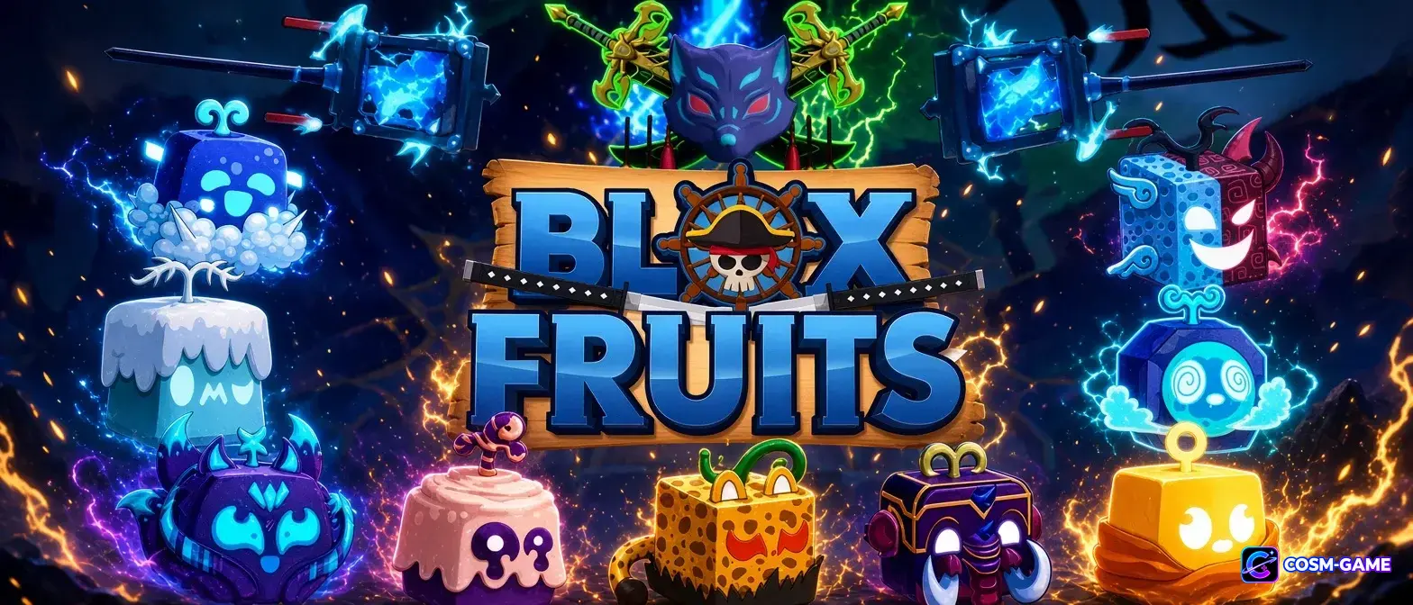 Four Blox Fruits characters stand together beneath the glowing eyes of a huge shadowy sea creature.