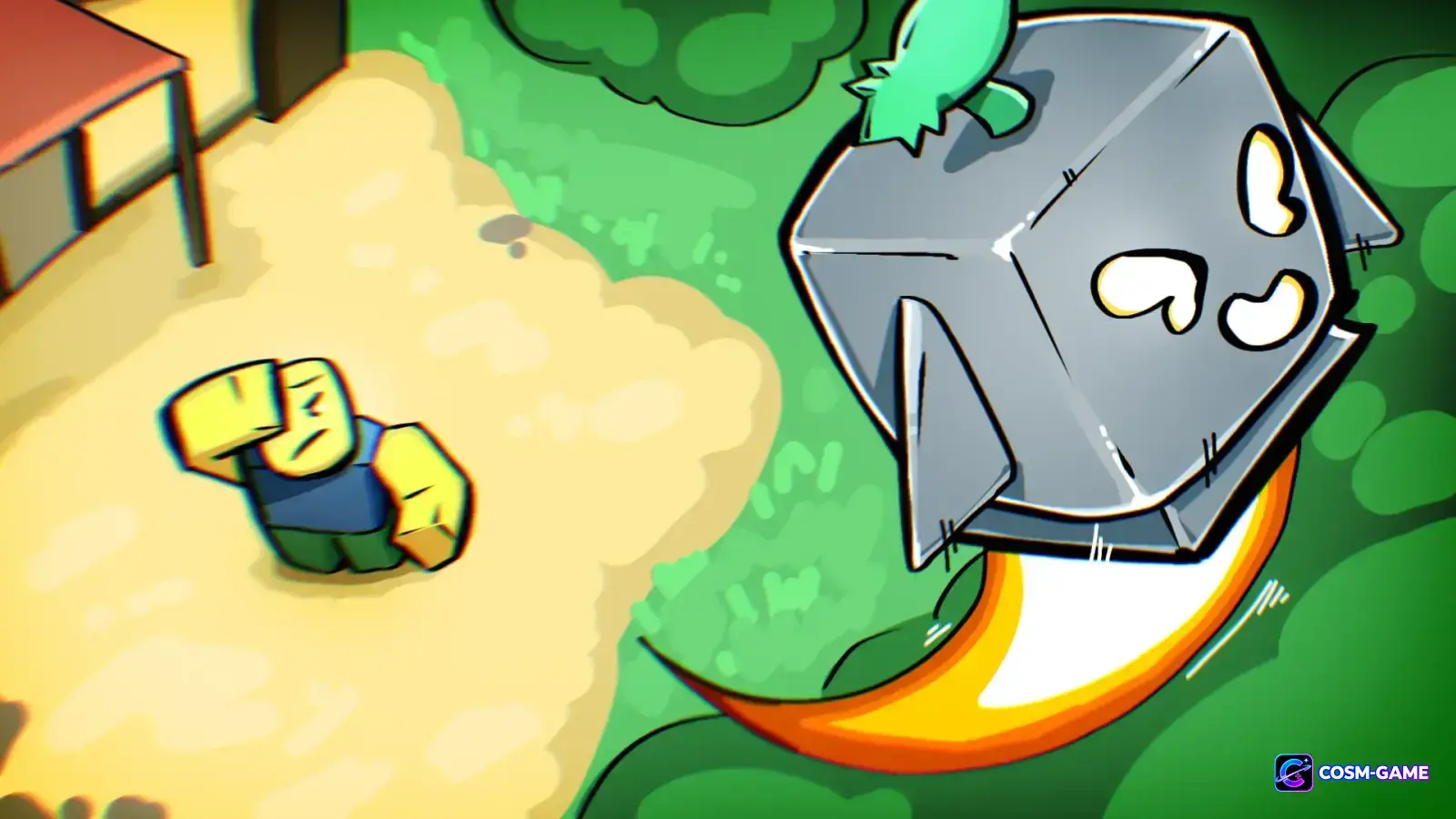 A large metal creature dives toward a Blox Fruits character from above.