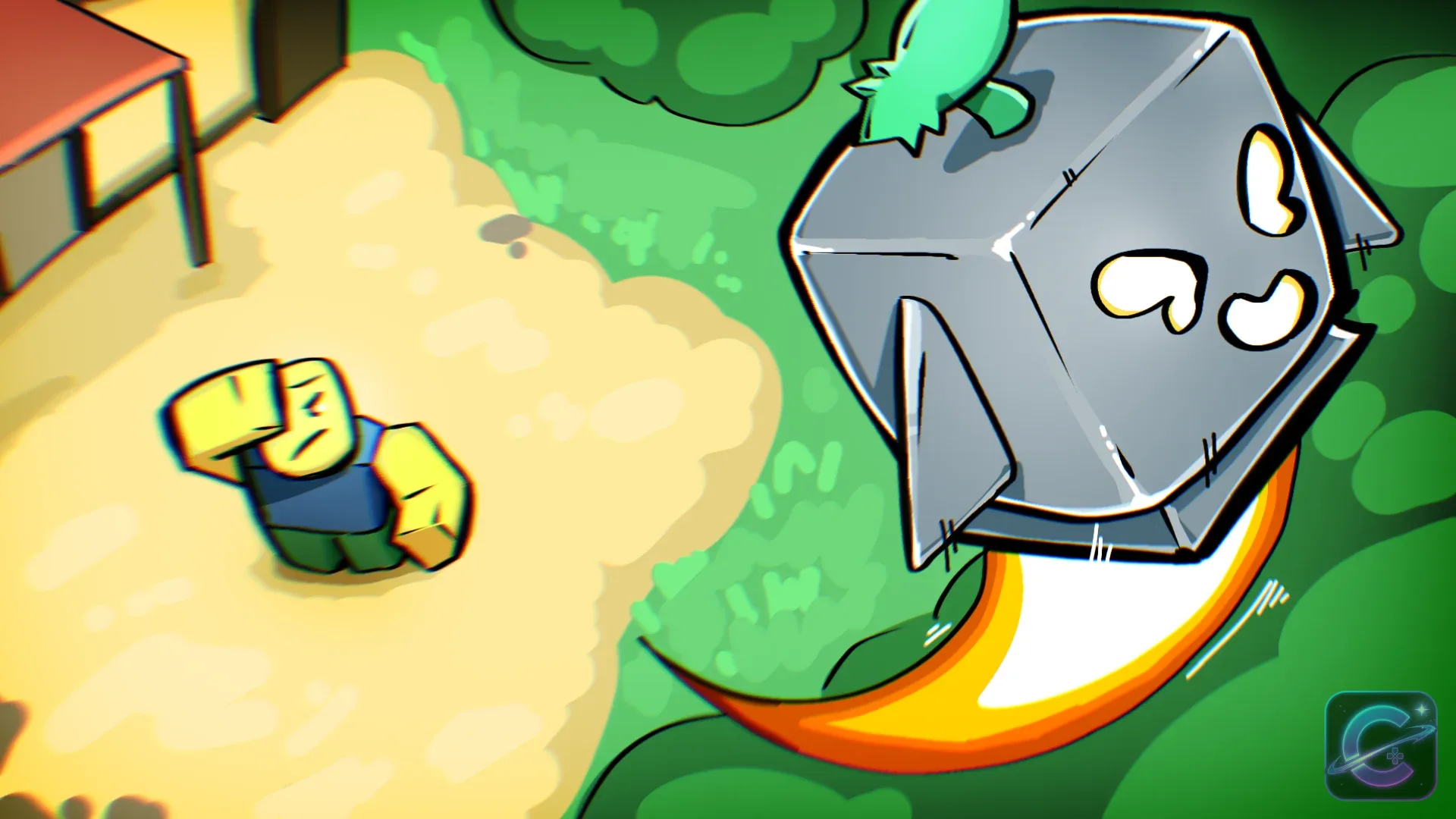 A large metal creature with a glowing trail swoops above a Blox Fruits character on a sandy path.