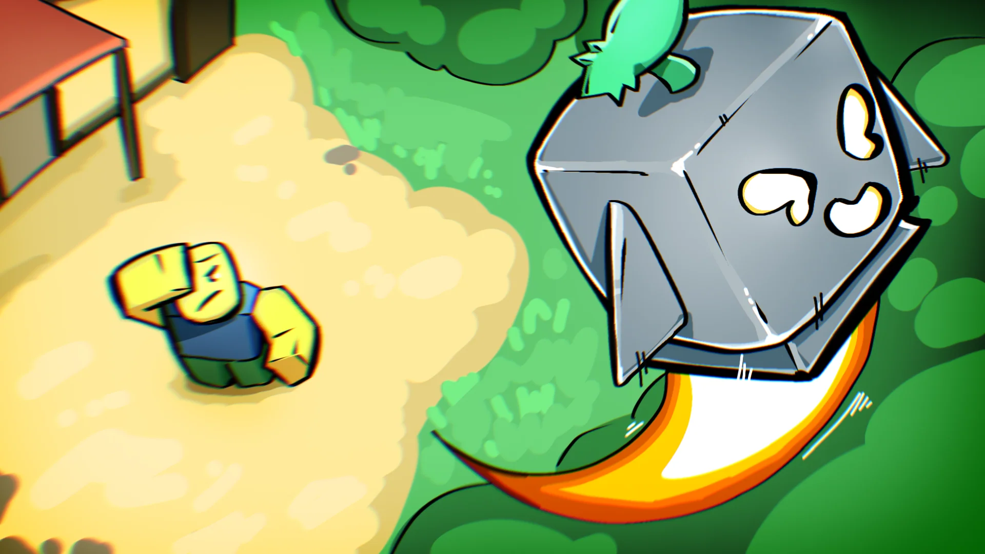A large metal creature with a glowing trail swoops above a Blox Fruits character on a sandy path.