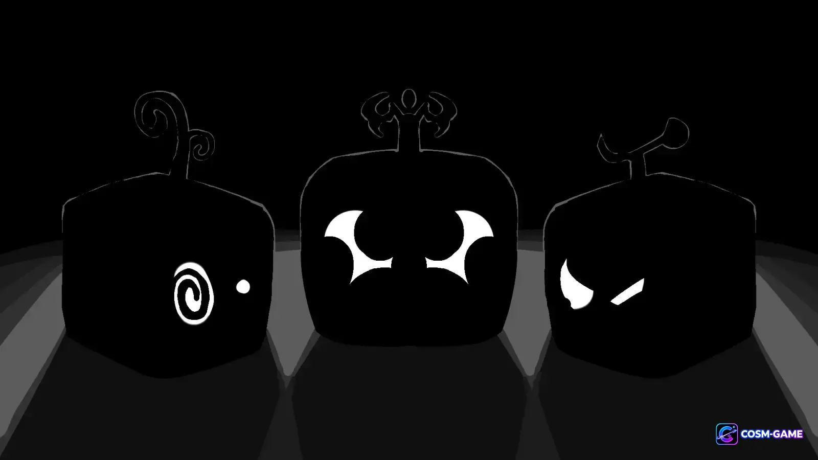 Three dark Blox Fruit silhouettes display different glowing symbols.