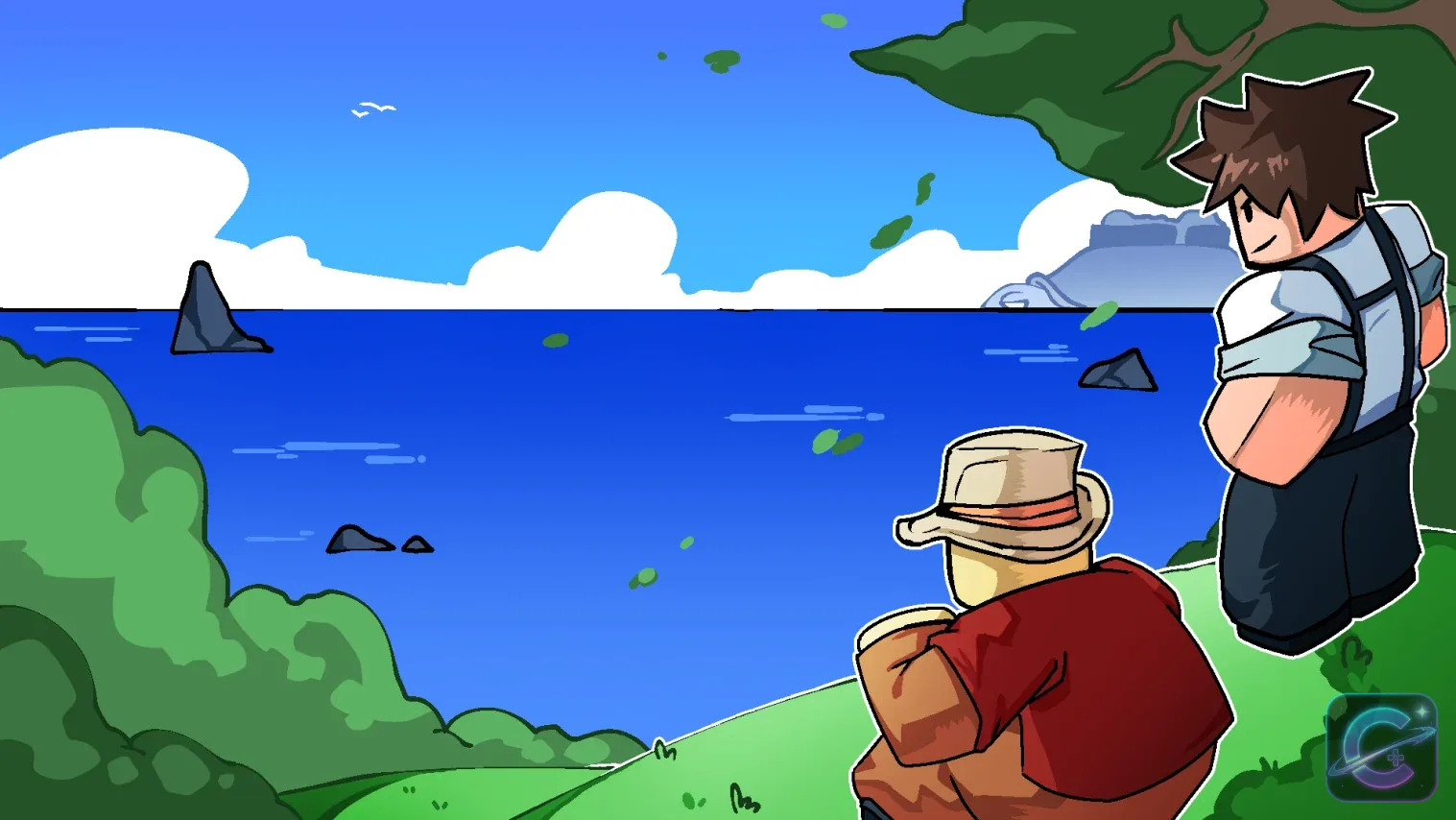 Two Blox Fruits characters look across the ocean from a green cliff while distant rocks rise from the water.