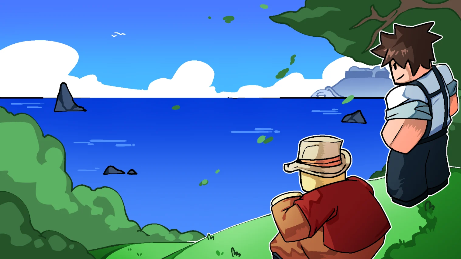 Two Blox Fruits characters look across the ocean from a green cliff while distant rocks rise from the water.