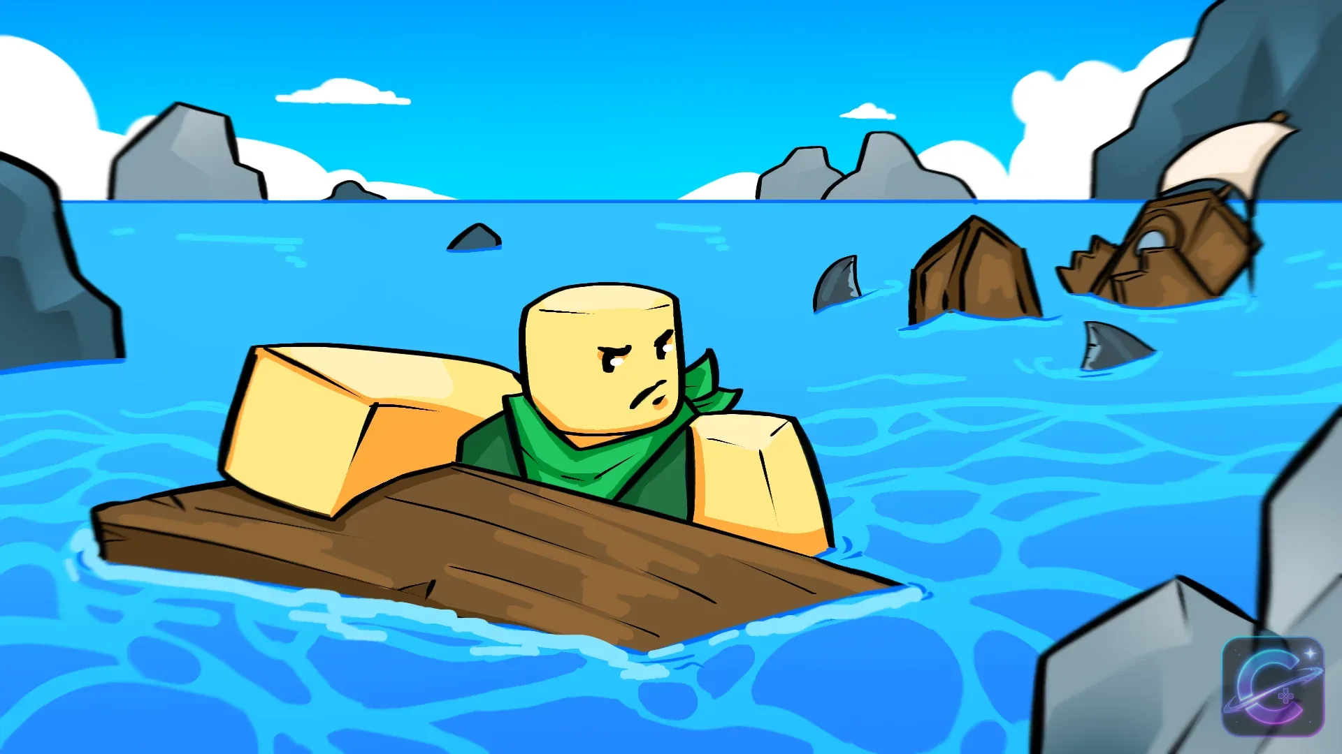 A Blox Fruits character clings to floating wreckage while sharks circle a broken ship in the distance.