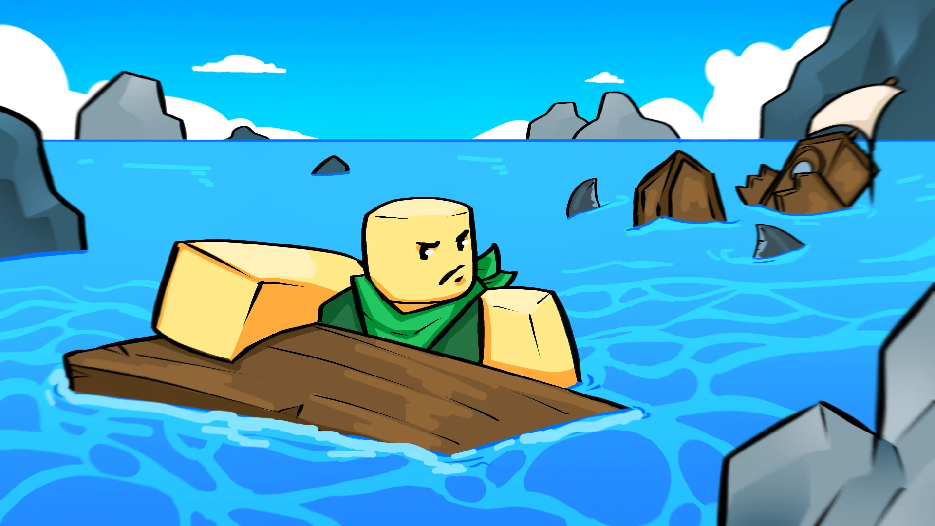 A Blox Fruits character clings to floating wreckage while sharks circle a broken ship in the distance.