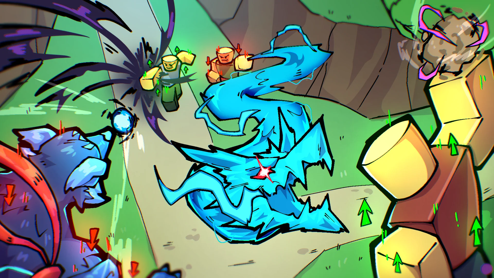 Stylized Blox Fruits combat artwork showing several fighters and transformed creatures with green and red balance arrows.