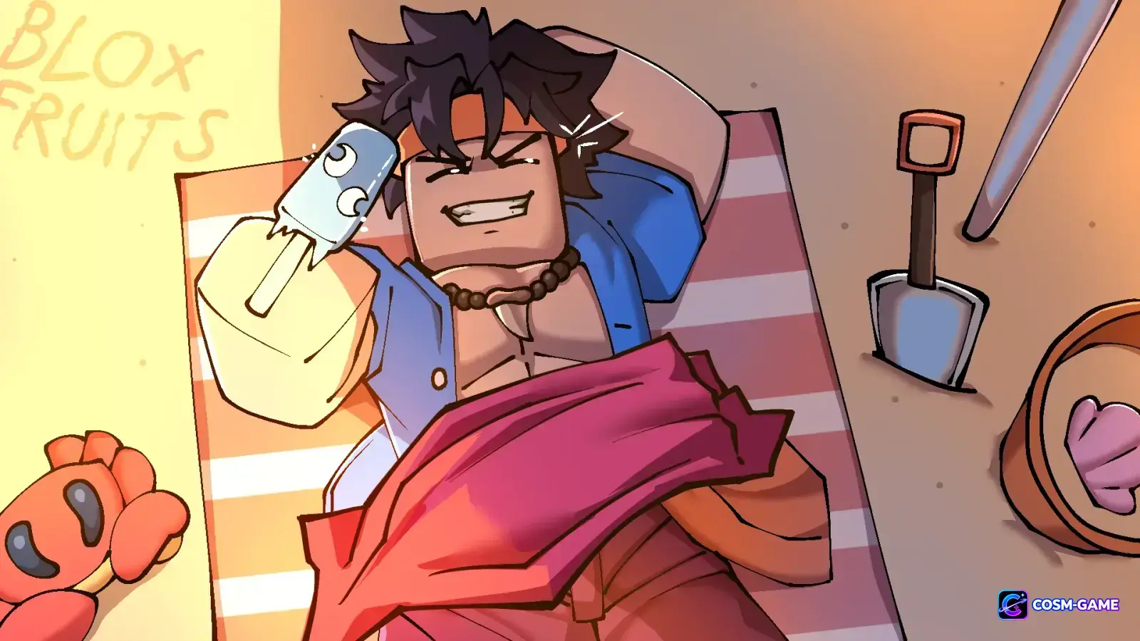 A Blox Fruits character relaxes on a beach towel while holding a frozen treat.