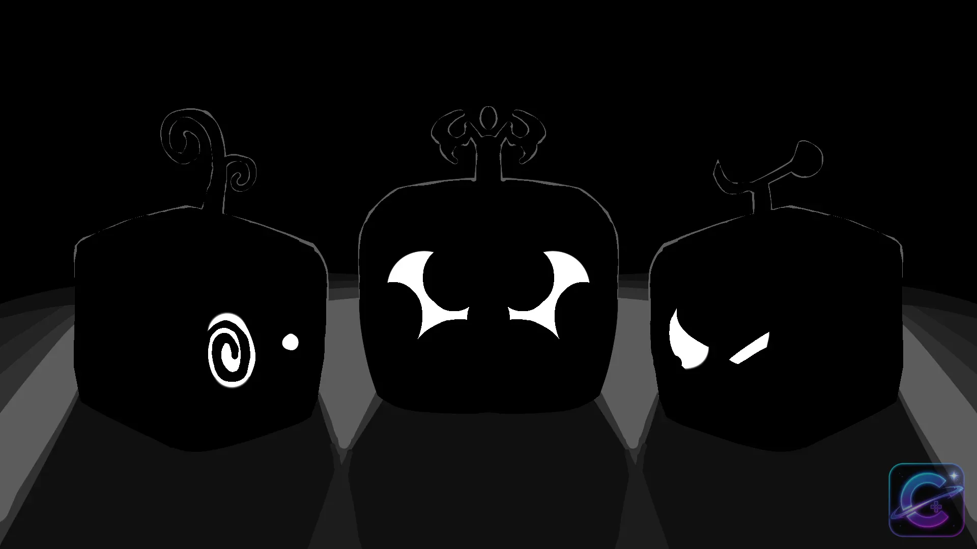 Three mysterious Blox Fruit silhouettes display different symbols against a dark background.