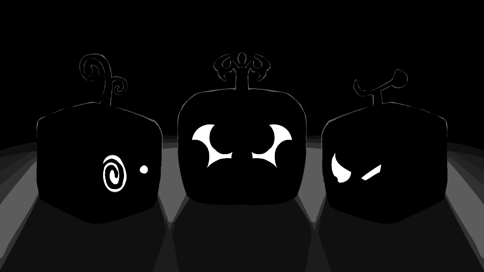 Three mysterious Blox Fruit silhouettes display different symbols against a dark background.