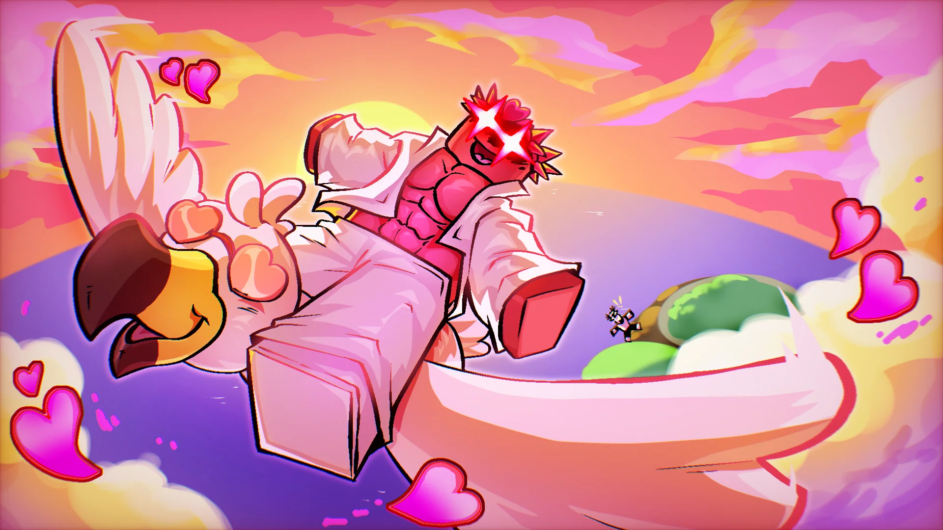 A Blox Fruits character rides a giant bird through a colorful sunset filled with floating hearts.