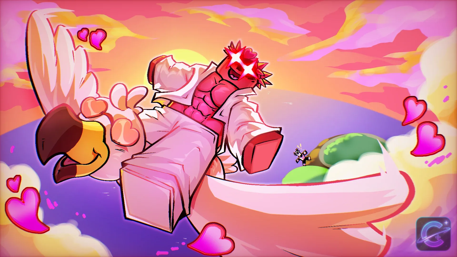 A Blox Fruits character rides a giant bird through a colorful sunset filled with floating hearts.