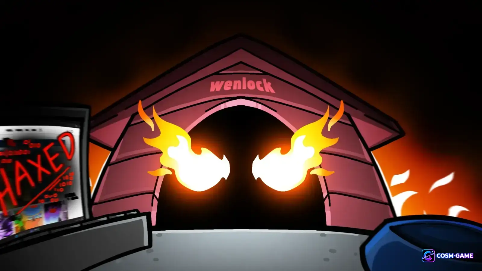 Bright fiery eyes glow from inside a dark building beside a computer screen.