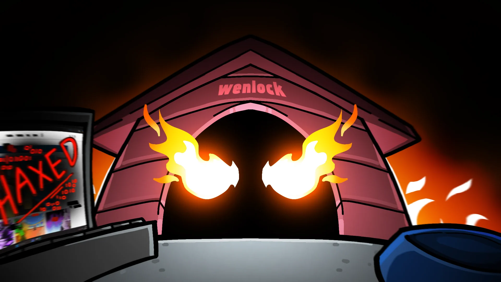 Glowing fiery eyes appear inside the dark Wenlock building beside a screen marked HAKED.