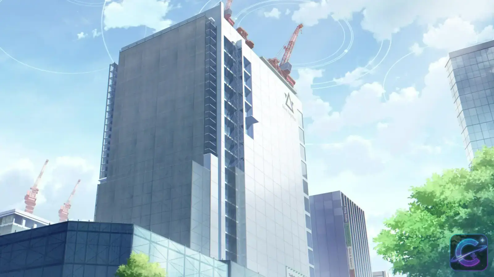 A Blue Archive city building stands beneath a bright blue sky in the official 5th PV.