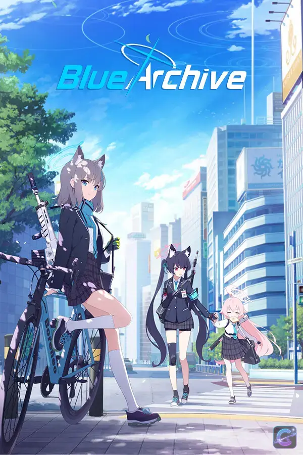 Three Blue Archive students stand together on a bright city street.