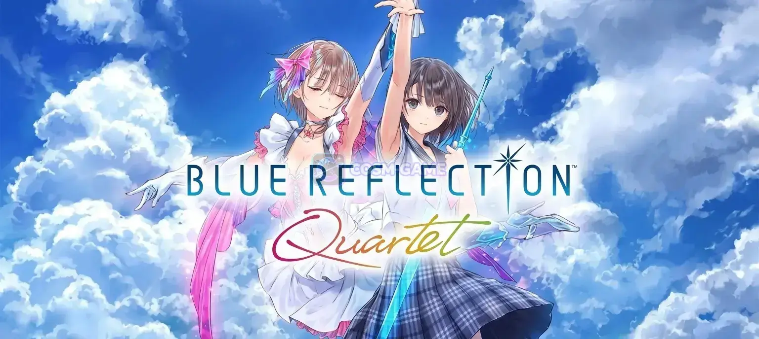 Four BLUE REFLECTION heroines in school uniforms stand together on a rooftop beneath a bright blue sky.