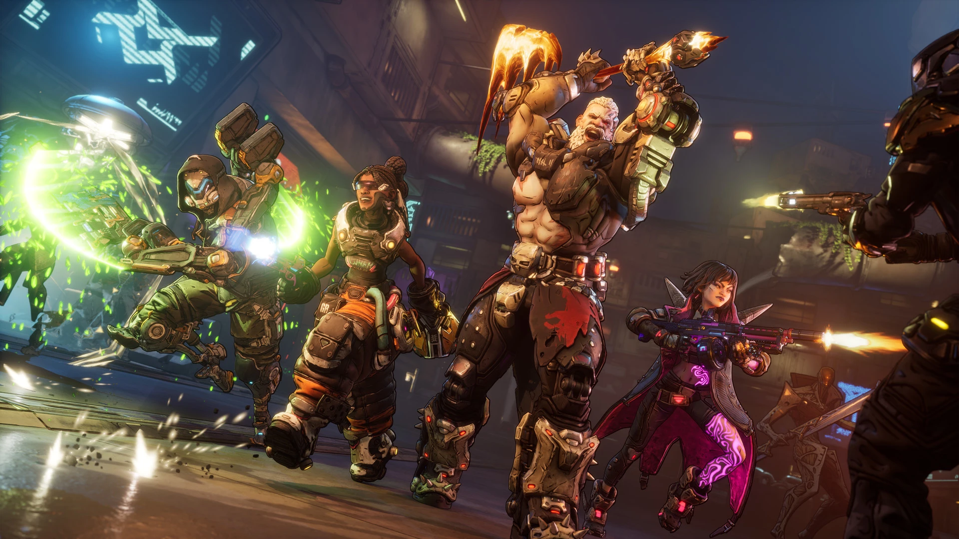 Four Vault Hunters fight together during cooperative combat on Kairos.