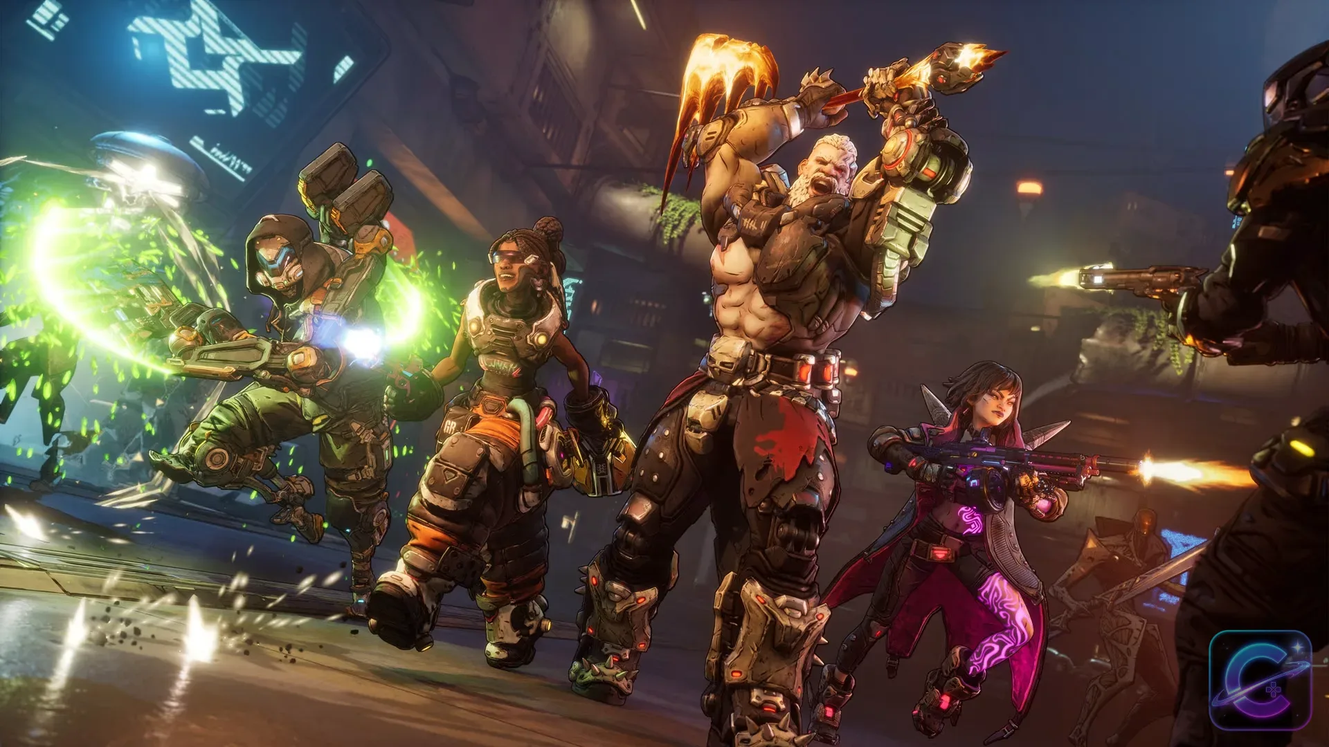 Four Vault Hunters fight together during a chaotic battle on Kairos.
