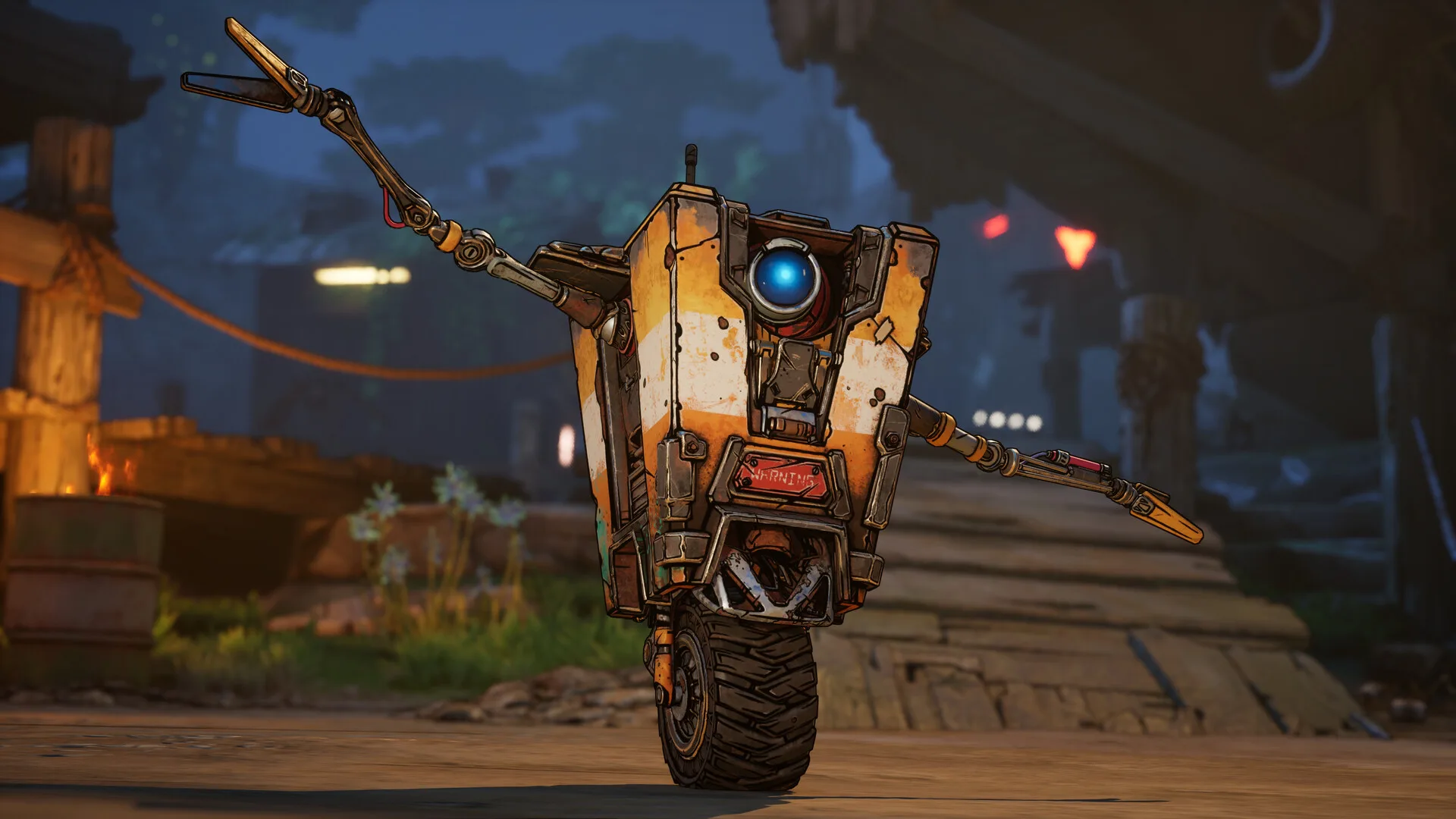 A Vault Hunter aims a large weapon toward enemies during an intense firefight.