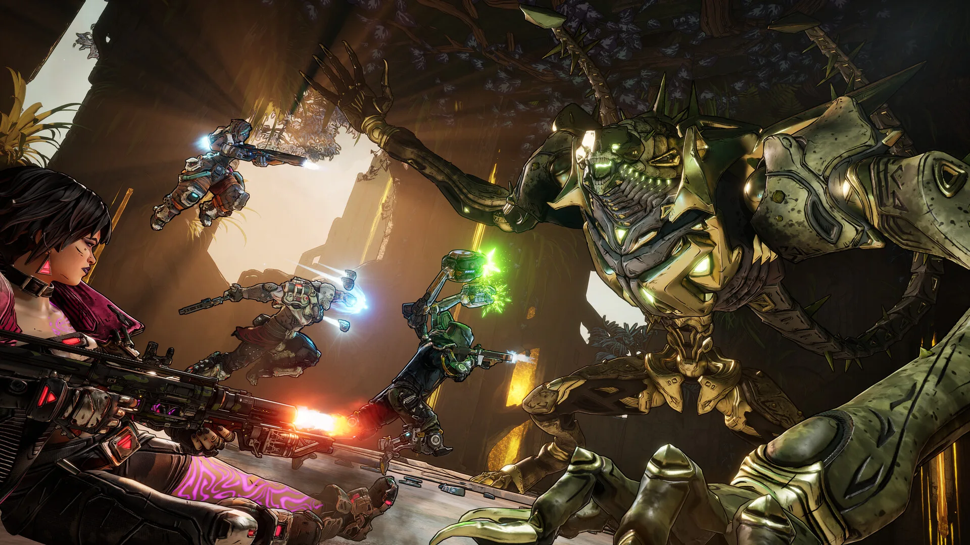 Broken structures and hostile forces surround a Vault Hunter during combat on Kairos.