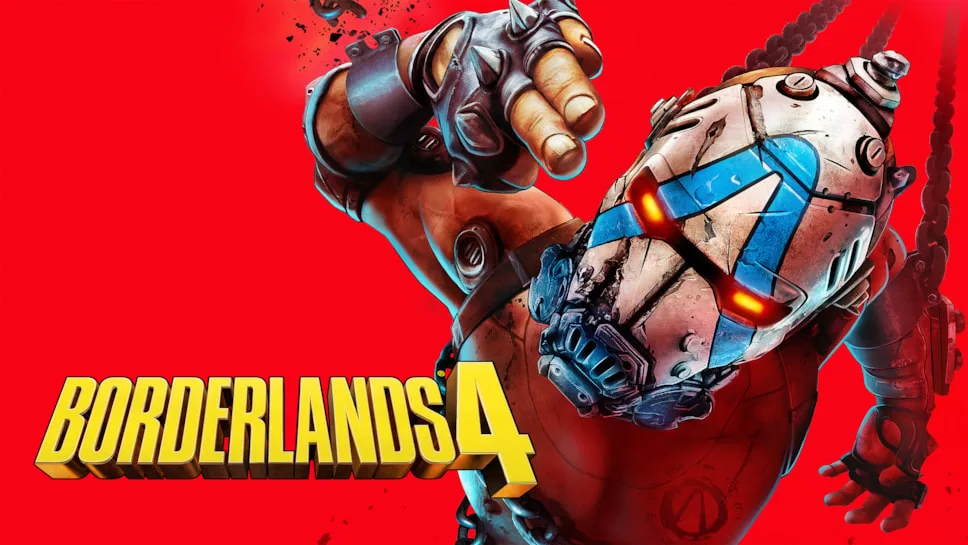 Borderlands 4 key art showing a masked figure hanging from a chain against a red background beside the game logo