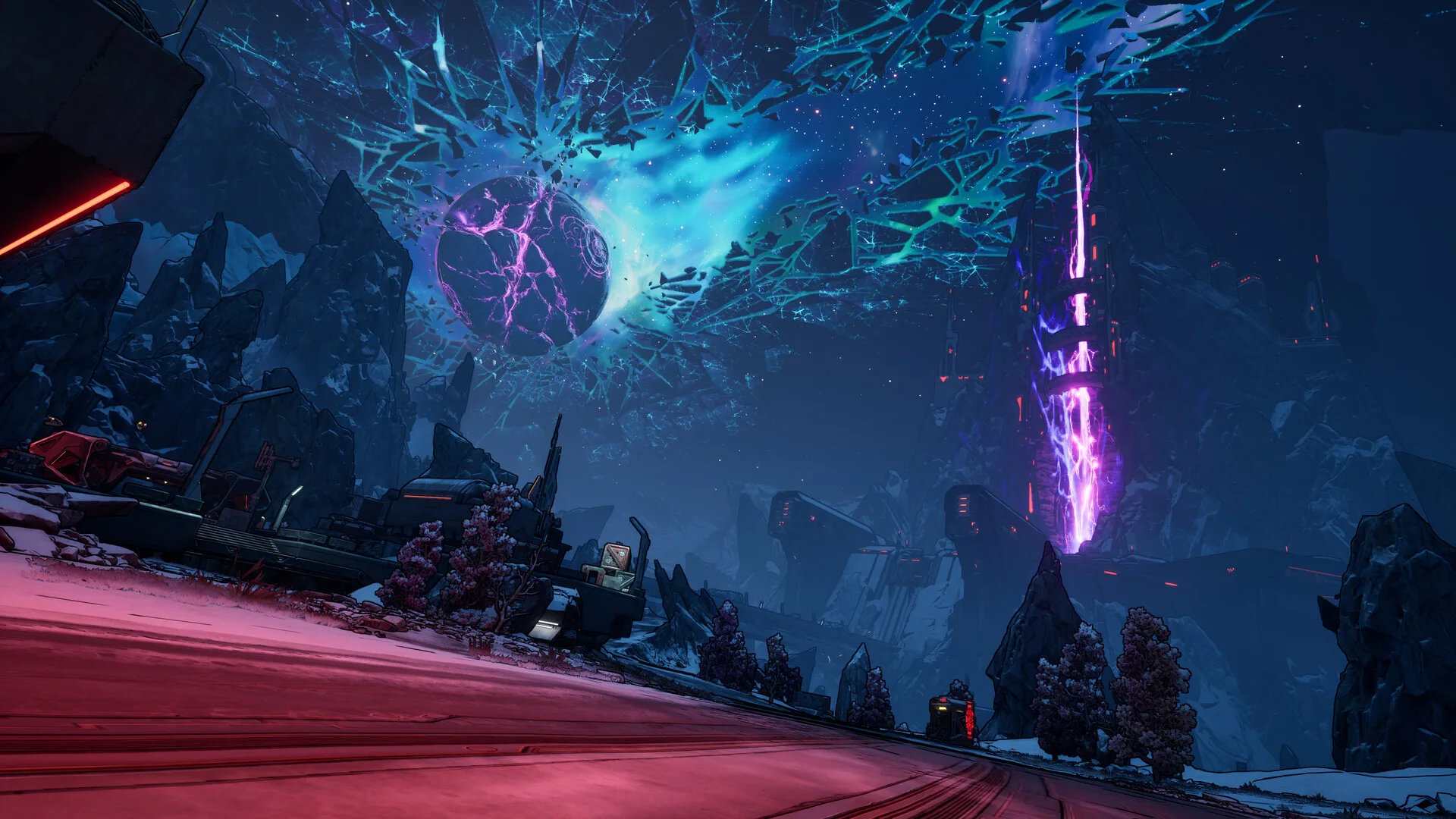 A Vault Hunter crosses a wide outdoor region surrounded by the landscapes of Kairos.