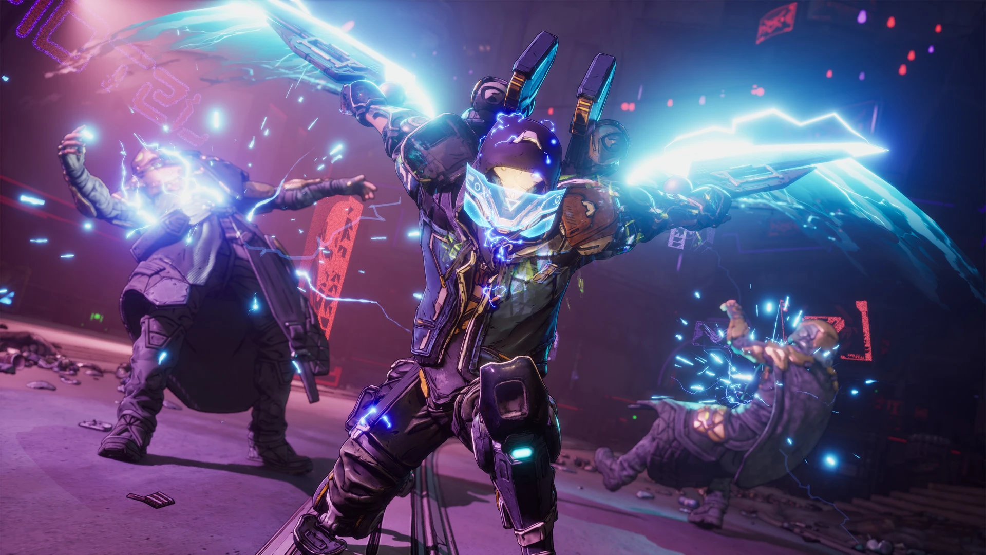 Rafa fights with weapons generated by his experimental exo-suit.