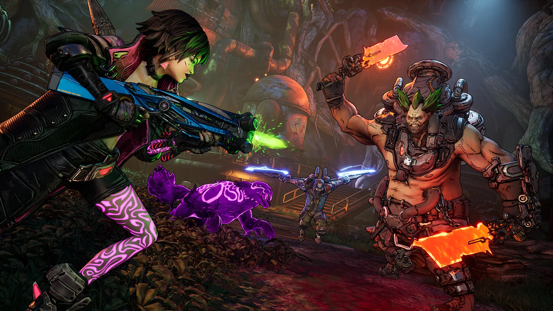 A Vault Hunter moves through rocky terrain while enemies occupy the path ahead.