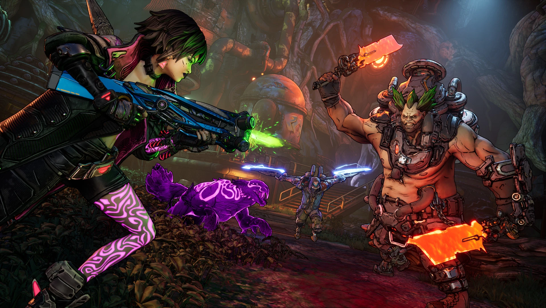 Two Vault Hunters fight enemies together during cooperative Borderlands 4 gameplay.