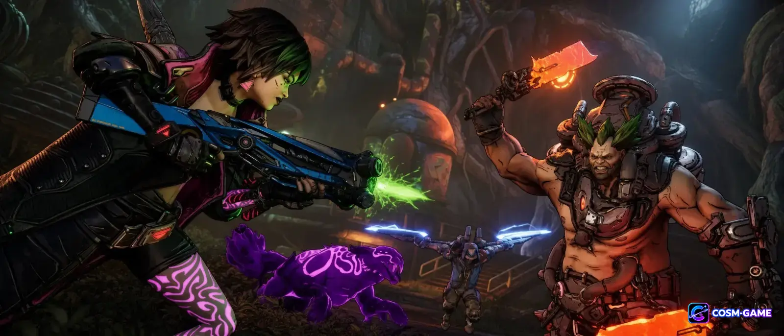 Two Vault Hunters battle enemies together across the hostile landscape of Kairos.