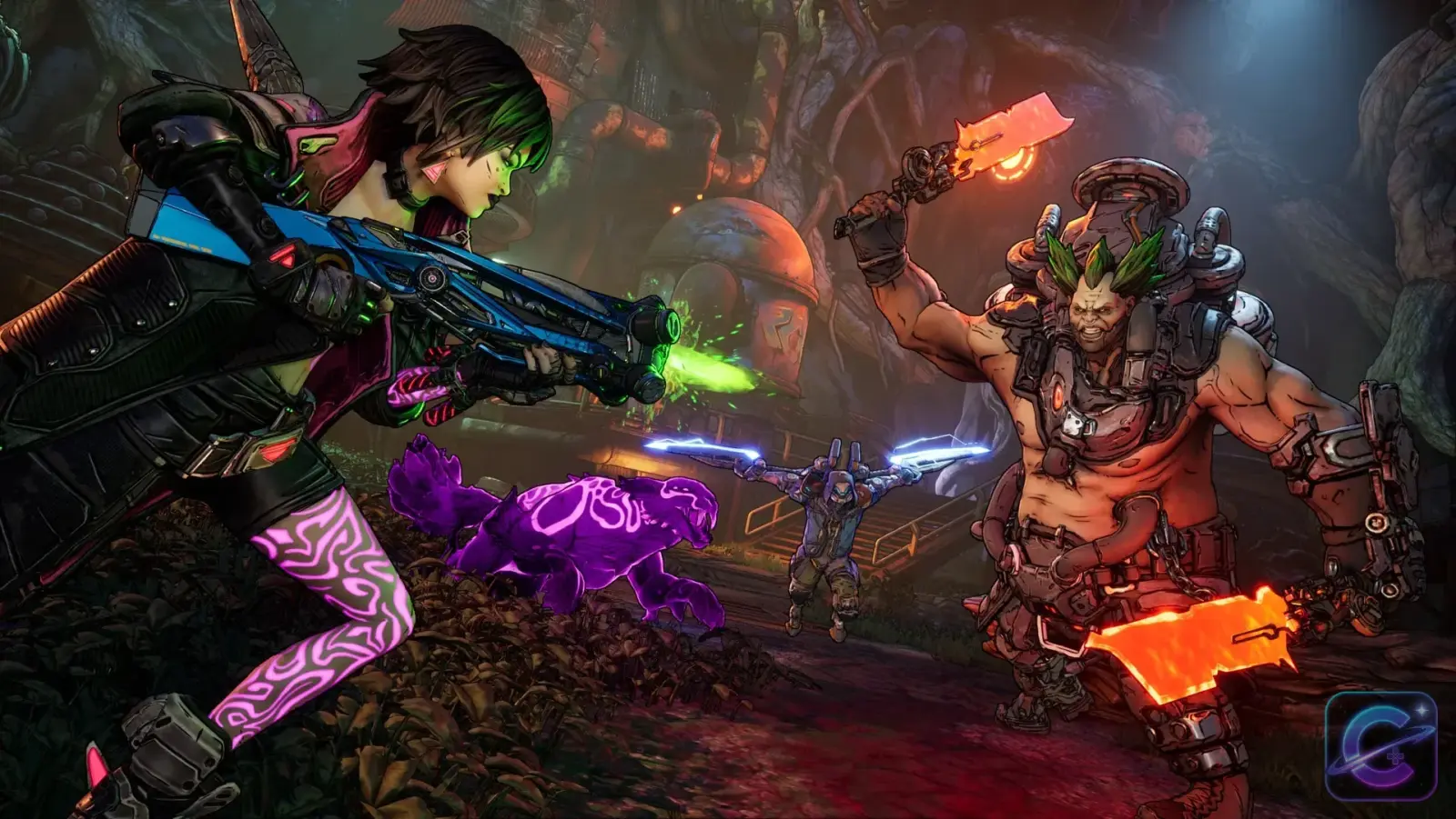 Two Vault Hunters battle enemies together across the hostile landscape of Kairos.