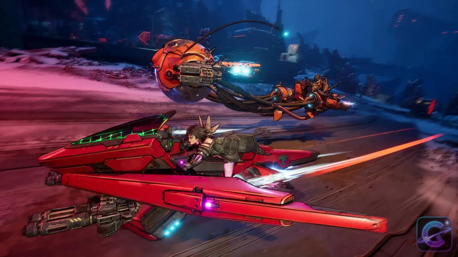 A vehicle speeds across the open terrain of Kairos with the surrounding world stretching into the distance.