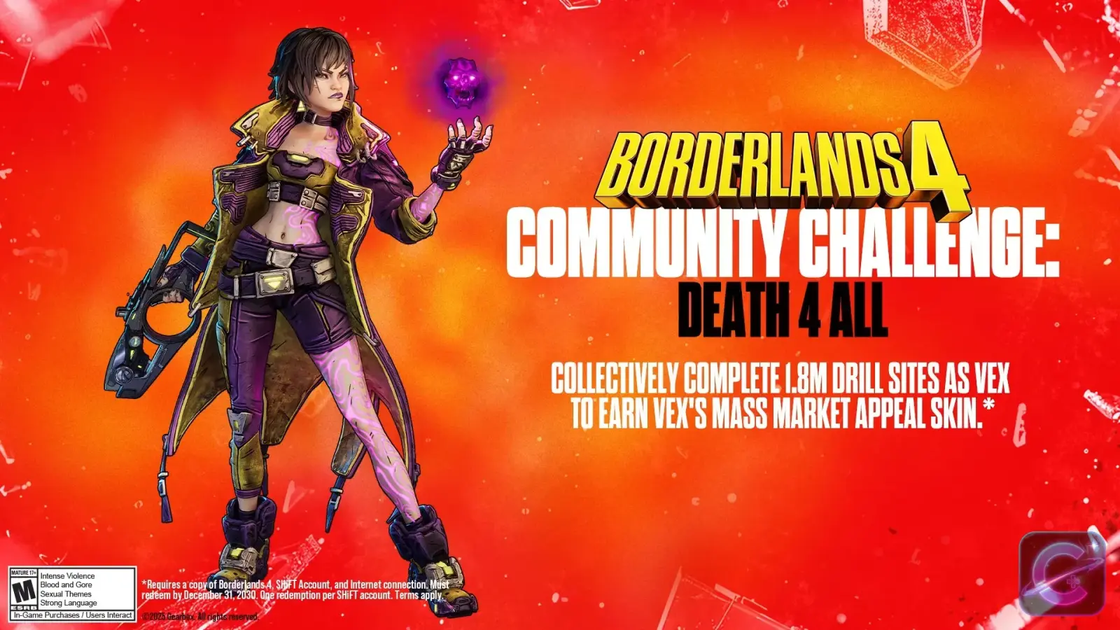 Vex appears in the community challenge presentation associated with her Mass Market Appeal cosmetic.