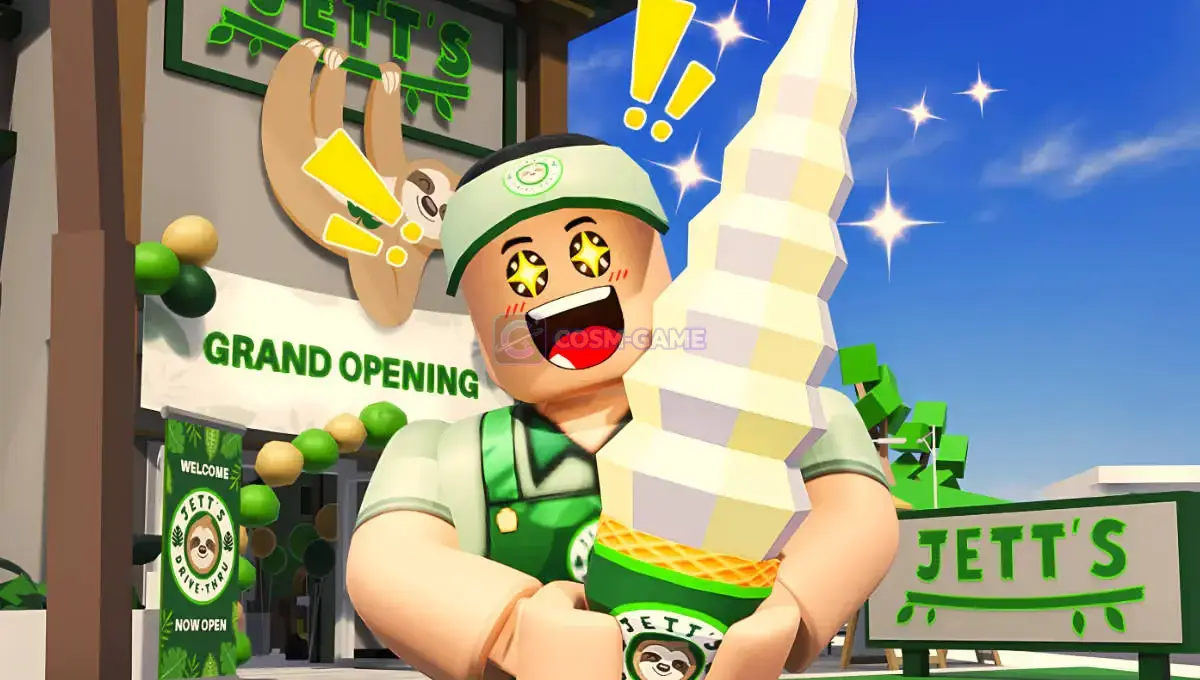 A Brookhaven character at the Jett's Jungle Nuggets food stand