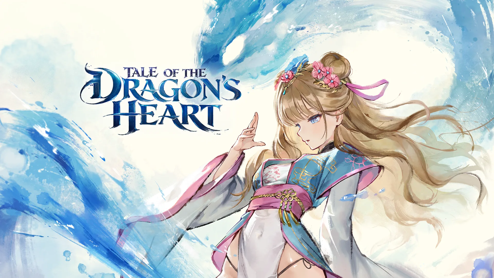 Blonde woman in martial arts clothing surrounded by sweeping blue water artwork for Tale of the Dragon's Heart