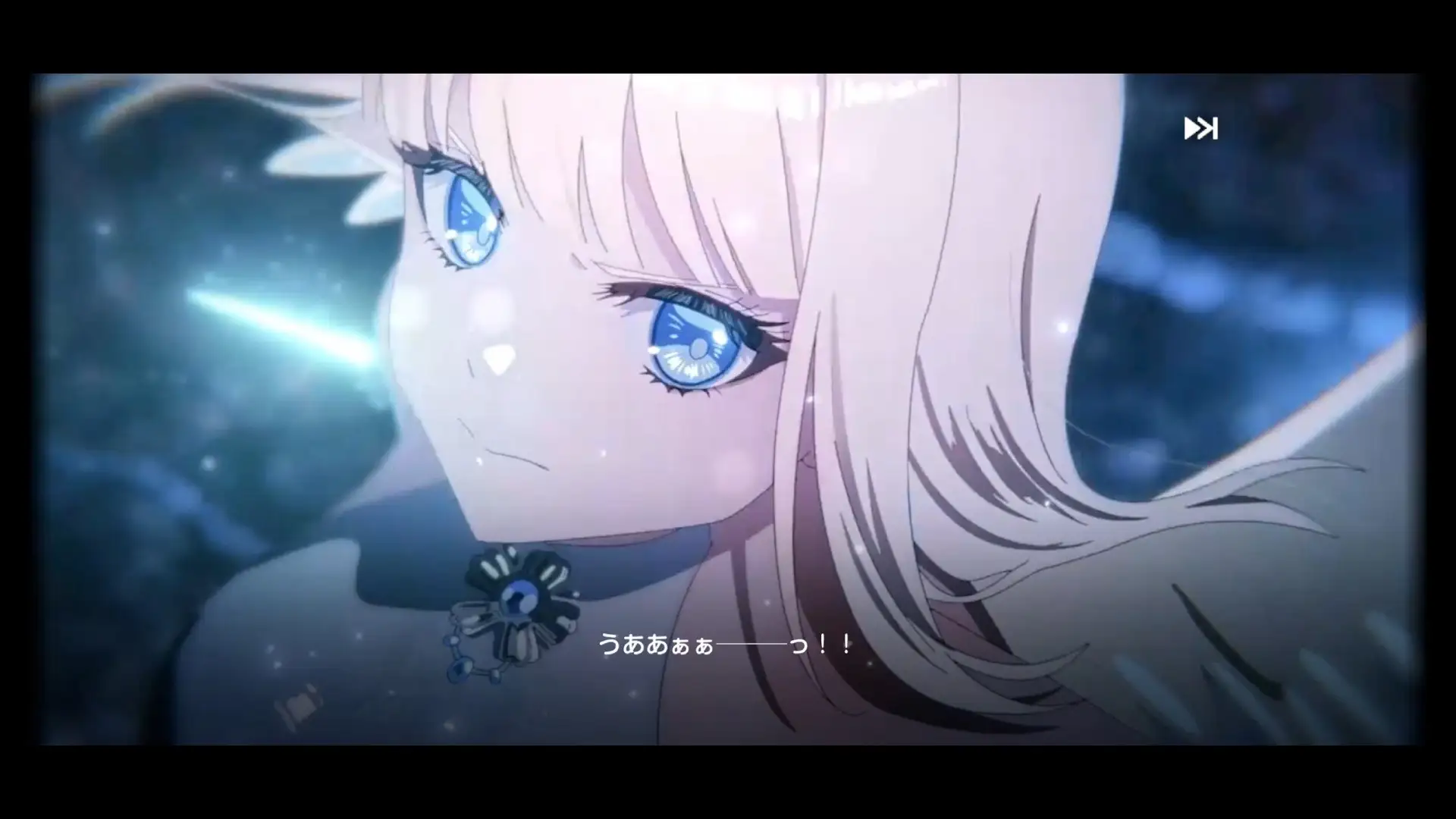Pink-haired character looking ahead during a dramatic animated battle scene