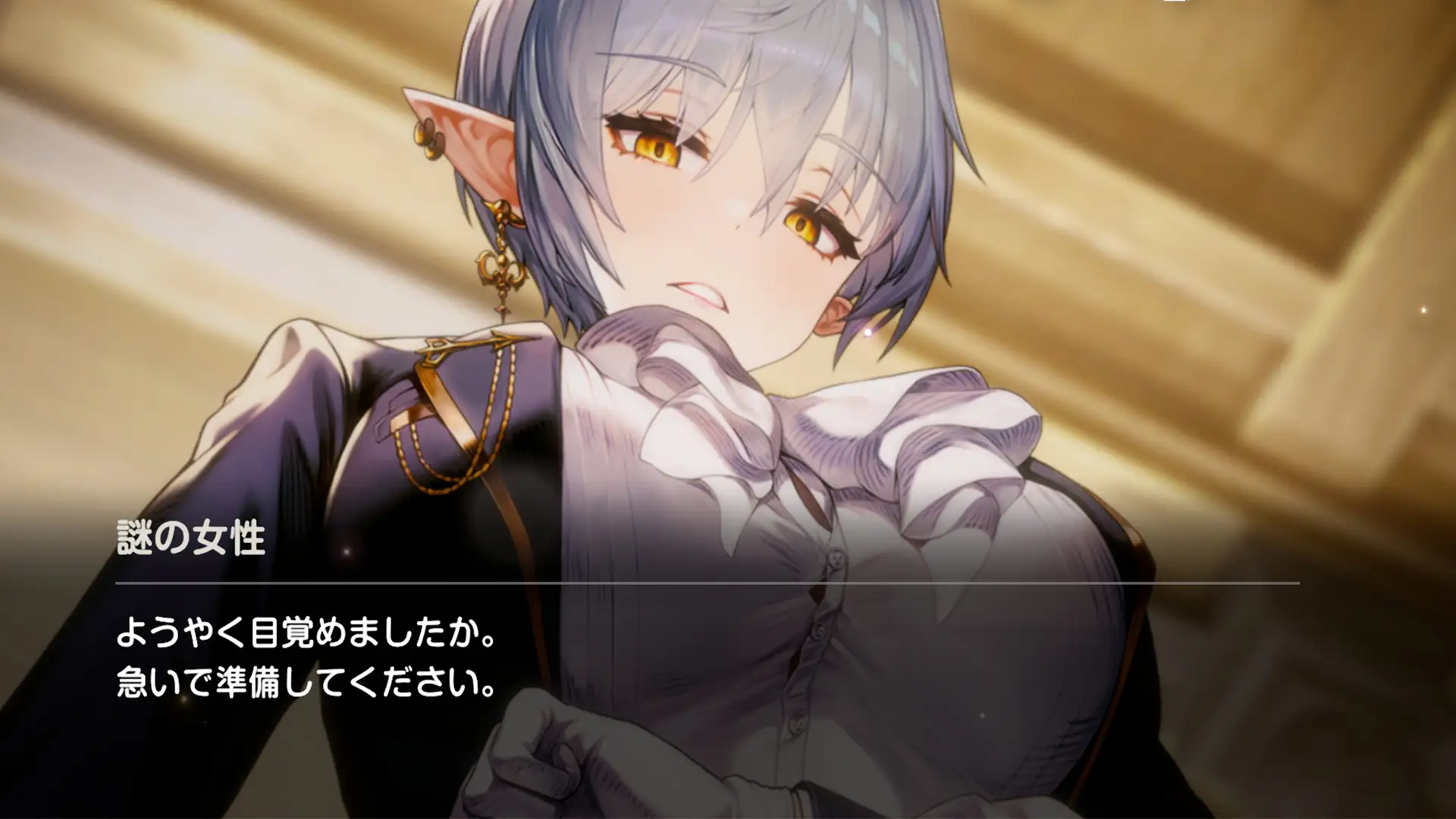 Silver-haired woman speaking to the player during a story scene