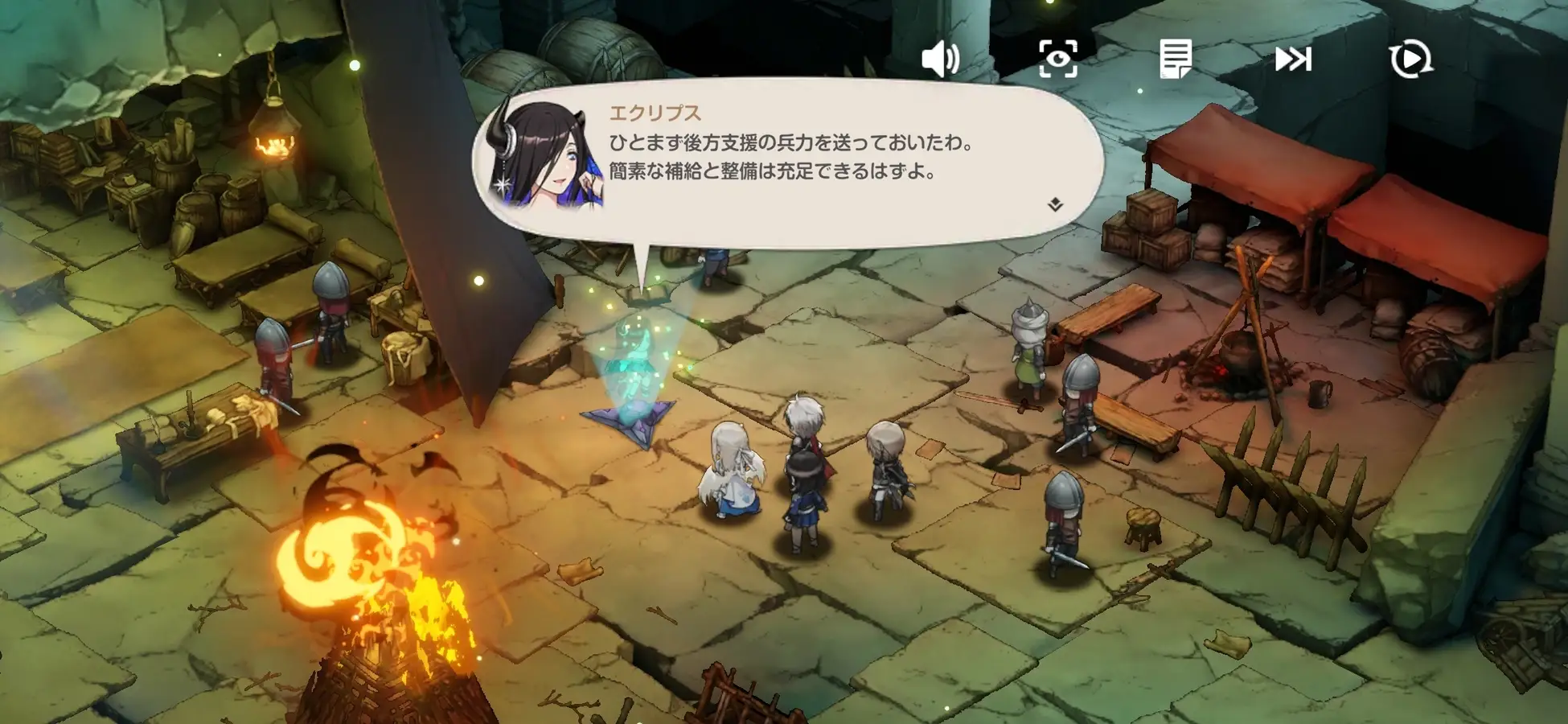BrownDust2 party members and soldiers gathered around a camp inside ancient ruins