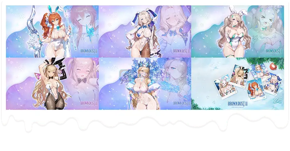 BrownDust2 winter artwork collection showing several characters in snowy themed scenes