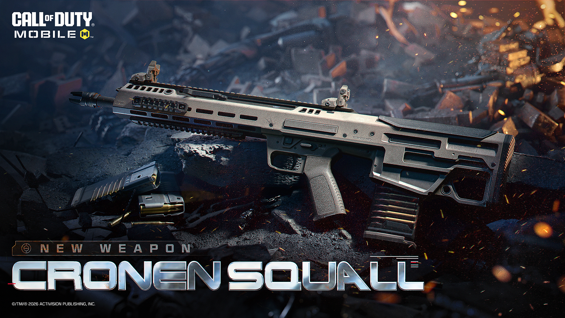 The Cronen Squall assault rifle fills the frame against a dark industrial background.